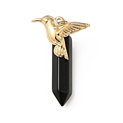 Obsidienne Pendentifs pointus en obsidienne naturelle oiseau, avec placage ionique (ip) platine et ton doré 304 accessoires en acier inoxydable, breloque balle à facettes, 40.5mm, oiseau: 19.5x25.5x2.5 mm, balle: 33.5x8.5x8mm, Trou: 3.4mm