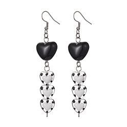 Black Acrylic & Glass Heart with Enamel Dangle Earrings, 304 Stainless Steel Long Drop Earrings, Black, 87x18.5mm