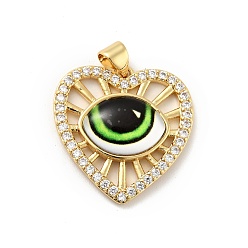 Green Yellow Heart Brass Micro Pave Clear Cubic Zirconia Pendants, with Resin Eyeball, Cadmium Free & Nickel Free & Lead Free, Real 18K Gold Plated, Green Yellow, 24x23x5mm, Hole: 3.5x5mm