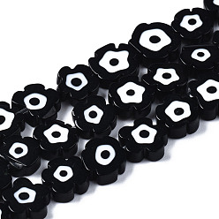 Black Handmade Lampwork Beads Strands, Flower with Evil Eye, Black, 7~9x7~9x3mm, Hole: 0.8mm, about 50~52pcs/strand, 14.57 inch~15.35 inch(37~39cm)
