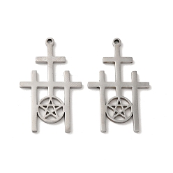 Stainless Steel Color 304 Stainless Steel Pendant, Triple Cross with Star Charm, Stainless Steel Color, 30x18.5x1.5mm, Hole: 1.4mm