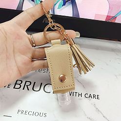 Wheat Plastic Hand Sanitizer Bottle with PU Leather Cover, Portable Travel Squeeze Bottle Keychain Holder, Wheat, 100x32mm