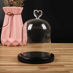 Noir Couvercle de dôme en verre transparent en forme de cœur, vitrine décorative, terrarium cloche cloche avec base en bois, noir, 90x140mm