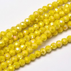 Jaune Plaqué facettes arc-en-pleine ronde verre electroplate brins de perles, jaune, 4mm, Trou: 1mm, Environ 90~95 pcs/chapelet, 12.8~13.6 pouce (32~34 cm)