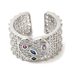 Platinum Rack Plating Brass Hollow Open Cuff Rings, Colorful Cubic Zirconia Heart Ring, Platinum, Inner Diameter: 18mm