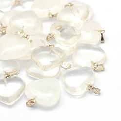 Cristal de Quartz Coeur pendentifs en cristal naturel, avec les accessoires en laiton de tonalité de platine, 20~22x20~21x5~8mm, Trou: 2x7mm
