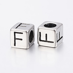 Antique Silver 304 Stainless Steel Large Hole Letter European Beads, Cube with Letter.F, Antique Silver, 8x8x8mm, Hole: 5mm