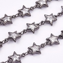Gunmetal Cubic Zirconia Handmade Beaded Link Chains, Soldered, with Brass Findings, Long-Lasting Plated, Star, Gunmetal, 12x9x3mm