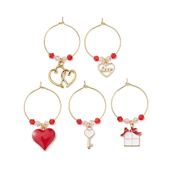 Red Valentine's Day Alloy Enamel Wine Glass Charms, with Stainless Steel Hoop Earring Findings and Glass Seed Bead, Heart/Key/Gift Box, Red, 43~50mm