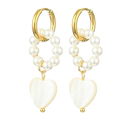 White Natural Pearl & Shell Heart Dangle Hoop Earrings, Golden Alloy Drop Earrings, White, 40x12~12.5mm