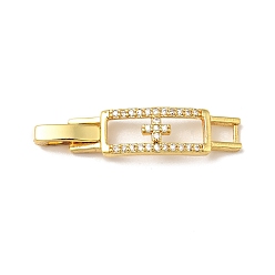 Real 18K Gold Plated Rectangle with Cross Rack Plating Brass Micro Pave Clear Cubic Zirconia Watch Band Clasps, Cadmium Free & Lead Free, Long-Lasting Plated, Real 18K Gold Plated, 33x7x4mm, Hole: 4x3mm