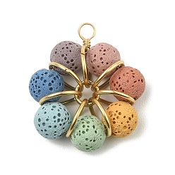 Golden Natural Lava Rock Dyed Beaded Pendants, Flower Charms with 304 Stainless Steel Findings, Colorful, Golden, 31.5x27x10mm, Hole: 3mm