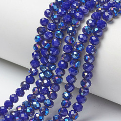 Bleu Galvanoplastie opaques couleur unie perles de verre brins, demi-plaqué, bleu plaqué, facette, rondelle, bleu, 8x6mm, Trou: 1mm, Environ 65~68 pcs/chapelet, 15.7~16.1 pouce (40~41 cm)
