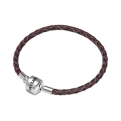 Brown TINYSAND Rhodium Plated 925 Sterling Silver Braided Leather Bracelet Making, with Platinum Plated European Clasp, Brown, 180mm