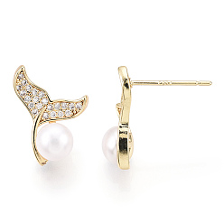 Real 18K Gold Plated Brass Rhinestone Whale Tail & Natural Pearl Stud Earrings, with 925 Sterling Silver Pins, Real 18K Gold Plated, 15.5x11.5mm, Pin: 0.8mm