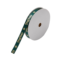 Word Flat Christmas Theme Polyester Satin Ribbon, Hot Stamping Ribbon, Clothes Accessories, Dark Green, Christmas, Word, 3/8 inch(9.5~10mm), about 9.84 Yards(9m)/Roll