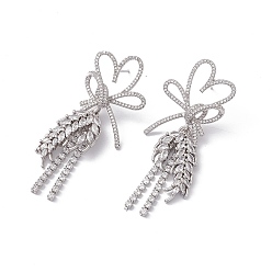 Platinum Clear Cubic Zirconia Heart Bowknot with Wheat Dangle Stud Earrings, Rack Plating Brass Long Tassel Drop Earrings  for Women, Cadmium Free & Nickel Free & Lead Free, Platinum, 55mm, Pin: 0.7mm, Heart: 30.5x21.5, Pendants: 32x14.5x3mm