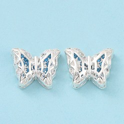 Deep Sky Blue Eco-friendly Brass Cubic Zirconia Multi-Strand Links, Cadmium Free & Lead Free, Butterfly, Silver Color Plated, Deep Sky Blue, 11x14x5.6mm, Hole: 1.2mm