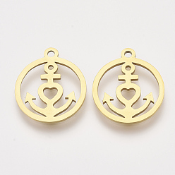 Golden 201 Stainless Steel Pendants, Laser Cut Pendants, Flat Round with Anchor, Golden, 17.5x15x1mm, Hole: 1.4mm