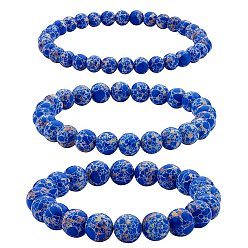 Marina Azul Juego de pulseras elásticas con cuentas redondas de jaspe imperial sintético de tamaño 3 piezas 3, joyas de piedras preciosas para mujeres, azul marino, diámetro interior: 2-1/8 pulgada (5.5 cm), perlas: 6~10 mm, 1 pc / tamaño