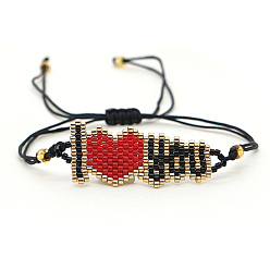 Rouge Bracelet à maillons en perles de verre avec mot je t'aime, bracelet réglable tressé, rouge, pas de taille
