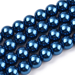 Marine Blue Baking Painted Pearlized Glass Pearl Round Bead Strands, Marine Blue, 8~9mm, Hole: 1mm, about 105pcs/strand, 31.4 inch