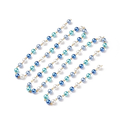 Bleu Royal Chaîne de perles de verre faite à la main, avec épingle à œil en fer plaqué or, non soudée, bleu royal, 14x8mm, environ 3.28 pieds (1 m)/pc