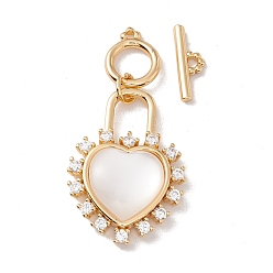 Oro Cierres de palanca de circonita cúbica transparente de latón con corazón, con la cáscara blanca, dorado, 45 mm, corazón: 26.5x19x5.7 mm, cierre redondo: mm, bar: 11.5x9x1.5 mm
