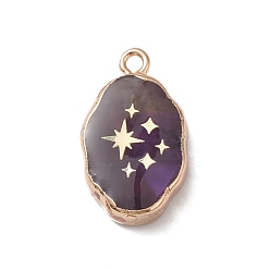 Amethyst Natural Amethyst Pendants, Oval Charms with Golden Brass Edge, 22x13x3~5.5mm, Hole: 1.8mm
