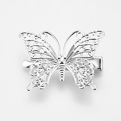 Silver Rack Plating Hair Accessories Iron Alligator Hair Clip Findings, with Brass Filigree Cabochon Bezel Settings, Butterfly, Silver Color Plated, 34x26x9.5mm