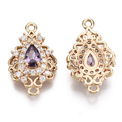 Violet Brass Micro Pave Cubic Zirconia Links Connectors, with Glass, Long-Lasting Plated, Teardrop, Light Gold, Violet, 20x12x5mm, Hole: 1.4mm
