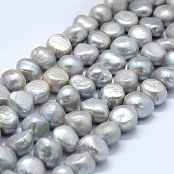 Серебро Нити из натурального культивированного пресноводного жемчуга, окрашенные, двух сторон полированной, серебряные, 10~13x11~12x6~9 мм, отверстие : 0.2 мм, около 34 шт / нитка, 14.1 дюйм ~ 14.7 дюйм