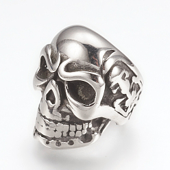Antique Silver 316 Surgical Stainless Steel Beads, Large Hole Beads, Skull, Antique Silver, 15.5x11x14mm, Hole: 8mm