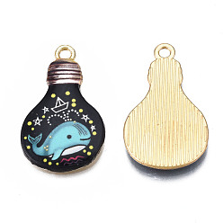 Turquoise Rack Plating Alloy Enamel Pendants, Cadmium Free & Nickel Free & Lead Free, Bulb with Whale Pattern, Turquoise, 28x17x2.5mm, Hole: 2mm