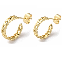 Real 18K Gold Plated Brass Stud Earrings, Curb Chains Half Hoop Earrings, Long-Lasting Plated, Lead Free & Cadmium Free, Real 18K Gold Plated, 24x3.5mm