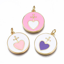 Mixed Color Brass Enamel Pendants, with Jump Ring, Nickel Free, Flat Round with Heart, Real 16K Gold Plated, Mixed Color, 20.5x18x2.5mm, Jump Ring: 5x0.8mm, 3mm Inner Diameter