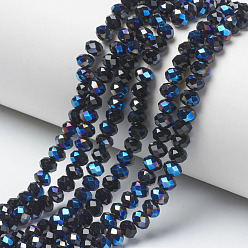Dark Blue Electroplate Glass Beads Strands, Half Plated, Blue Plated, Faceted, Rondelle, Dark Blue, 3.5x3mm, Hole: 0.4mm, about 123~127pcs/strand, 13.7~14.1 inch(35~36cm)