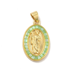 Lime Green Brass Charms, with Shell, Cadmium Free & Lead Free, Long-Lasting Plated, Oval with Virgin Mary, Real 18K Gold Plated, Lime Green, 22.5x14x3.5mm, Hole: 3.5x3mm