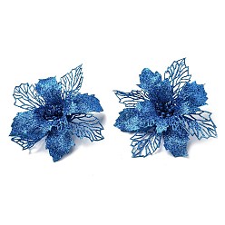 Royal Blue Plastic Glitter Artificial Flower, for Christmas Tree Decorations, Royal Blue, 160~165x160~165x40mm
