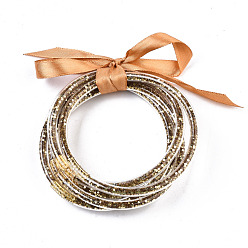 Verge D'or Ensembles de bracelets bouddhistes en plastique pvc, bracelets en gelée, avec paillette/sequins et ruban polyester, verge d'or, 2-1/2 pouce (6.5 cm), 5 pièces / kit
