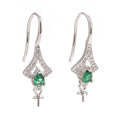 Platinum Rhodium Plated 925 Sterling Silver Earring Hooks, with Medium Sea Green Cubic Zirconia, Twist Rhombus, for Half Drilled Beads, Platinum, 25mm, 21 Gauge, Pin: 0.7mm and 0.6mm, Tray: 6x3mm