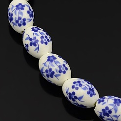 Royal Blue Handmade Flower Printed Porcelain Oval Beads Strands, Royal Blue, 16x11mm, Hole: 3mm, about 23pcs/strand, 14 inch