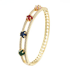 Colorful Cubic Zirconia Star Hinged Bangle, Real 18K Gold Plated Brass Jewelry for Women, Colorful, Inner Diameter: 2x2-3/8 inch(5.2x6cm)