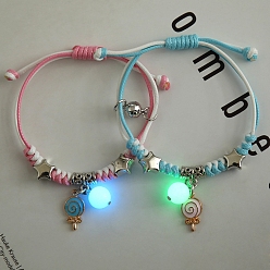 Candy 2Pcs 2 Color Luminous Beads & Alloy Enamel Charms Bracelets Set, Glow In The Dark Magnetic Charms Couple Bracleets for Best Friends Lovers, Candy Pattern, 5-7/8~11-3/4 inch(15~30cm), 1Pc/color
