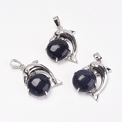 Blue Goldstone Synthetic Blue Goldstone Pendants, with Brass Findings, Dolphin, Platinum, 30x23x8mm, Hole: 5x8mm