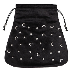 Black Velvet Packing Pouches, Drawstring Bags, Trapezoid with Moon & Star Pattern, Black, 21x21cm