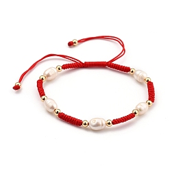 Red Adjustable Nylon Thread Braided Beads Bracelets, Red String Bracelets, with Natural Cultured Freshwater Pearl Beads and Brass Beads, Real 18K Gold Plated, Red, Inner Diameter: 6~9cm(2-3/8~3-1/2 inch)