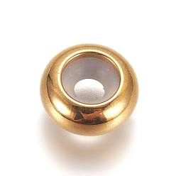 Doré  Placage sous vide 304 billes d'acier inoxydable, avec caoutchouc à l'intérieur, perles de curseur, perles de bouchage, rondelle, or, 6x3mm, Trou: 3mm, trou en caoutchouc: 2 mm