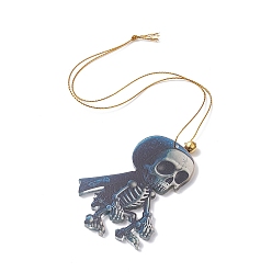 Bleu Marine Gros pendentifs de style halloween en acrylique avec cloche en laiton et cordon en nylon, squelette, bleu marine, 328x0.9mm