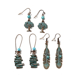 Red Copper & Green Patina 3 Pairs 3 Style Tree & Feather & Stone Shape Alloy Dangle Earrings Set, Resin Beaded Long Drop Earrings for Women, Red Copper & Green Patina, 41.5~58mm, Pin: 0.8mm, 1 Pair/style